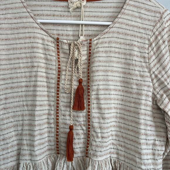 Hem & Thread Boho Peplum Ruffle Long Sleeve Pullover Top Sz L Beige Linen Cotton - Picture 3 of 11